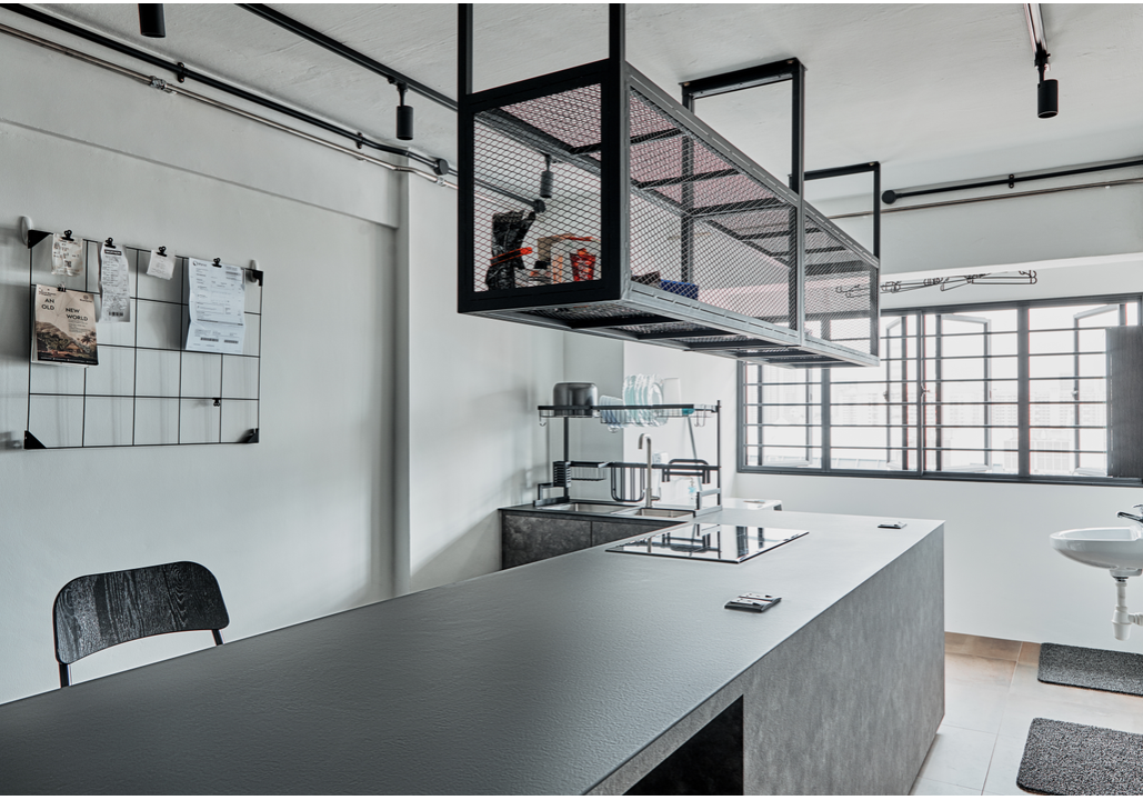 dark furniture, kitchen, industrial