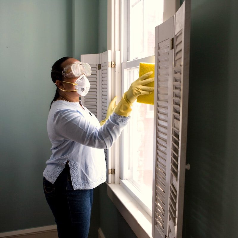 maid cleaning window